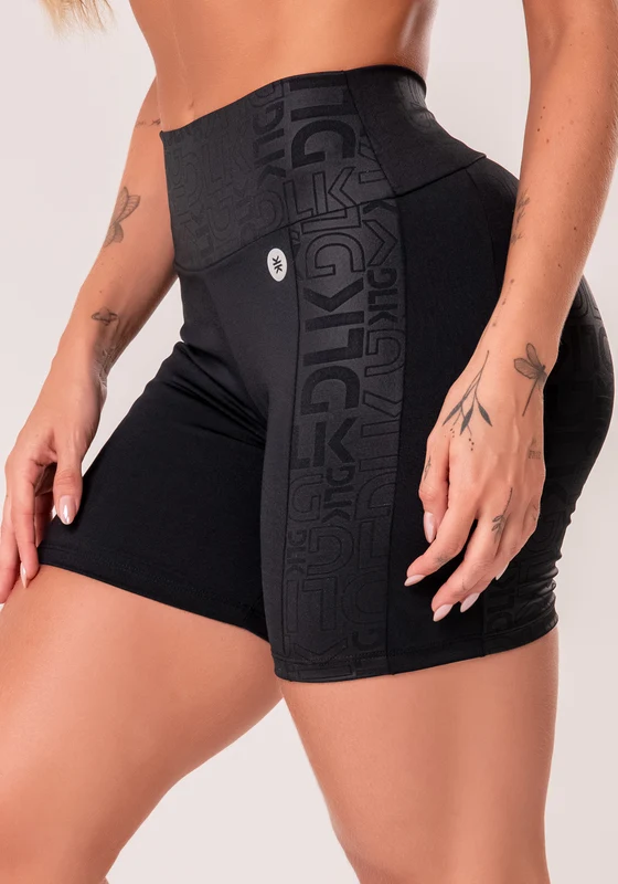 Bermuda Fitness Feminina Preto Com Recortes Logomania Reflections Dlk PRETO / GG