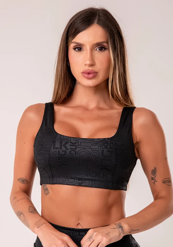 Top Fitness Feminino Preto Com Decote Quadrado Logomania Reflections Dlk PRETO / P
