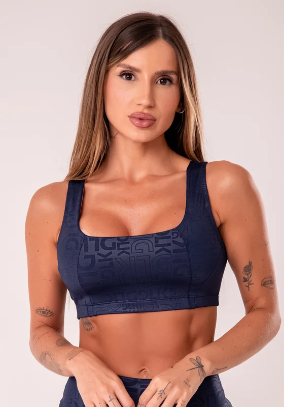 Top Fitness Feminino Azul Marinho Com Decote Quadrado Logomania Reflections Dlk AZUL MARINHO / GG