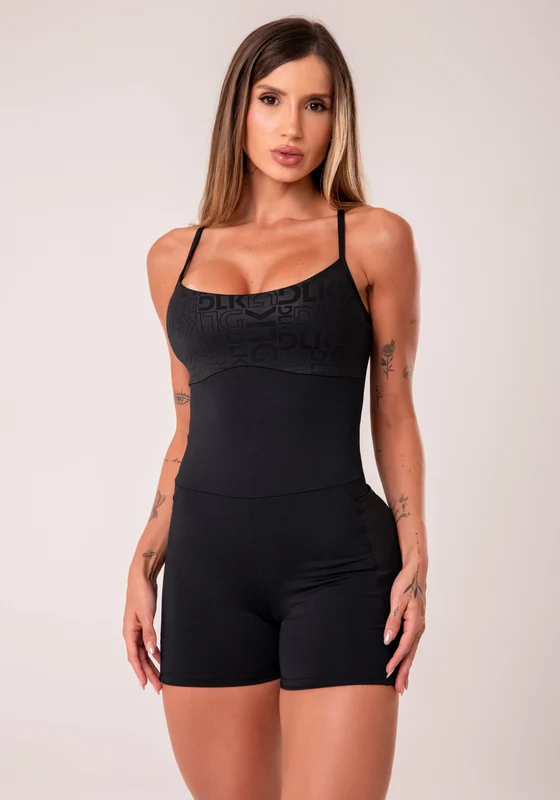 Macaquinho Fitness Feminino Preto Com Bojo E Bolsos Logomania Reflections Dlk PRETO / P