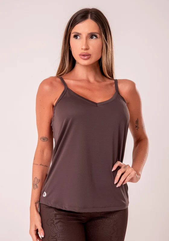 Camiseta Fitness Feminina Marrom de Alcinha com Decote V Reflections Dlk MARROM / G
