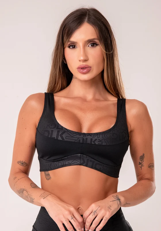 Top Fitness Feminino Preto Com Recortes Logomania Reflections Dlk PRETO / G
