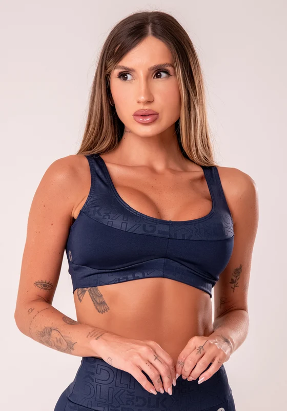 Top Fitness Feminino Azul Marinho Com Recortes Logomania Reflections Dlk AZUL MARINHO / P