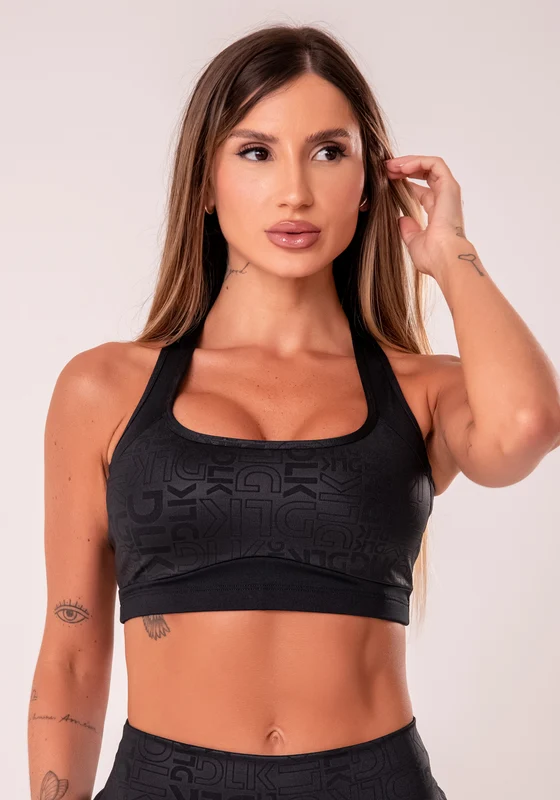 Top Fitness Feminino Preto Com Bojo E Recortes Logomania Reflections Dlk PRETO / GG