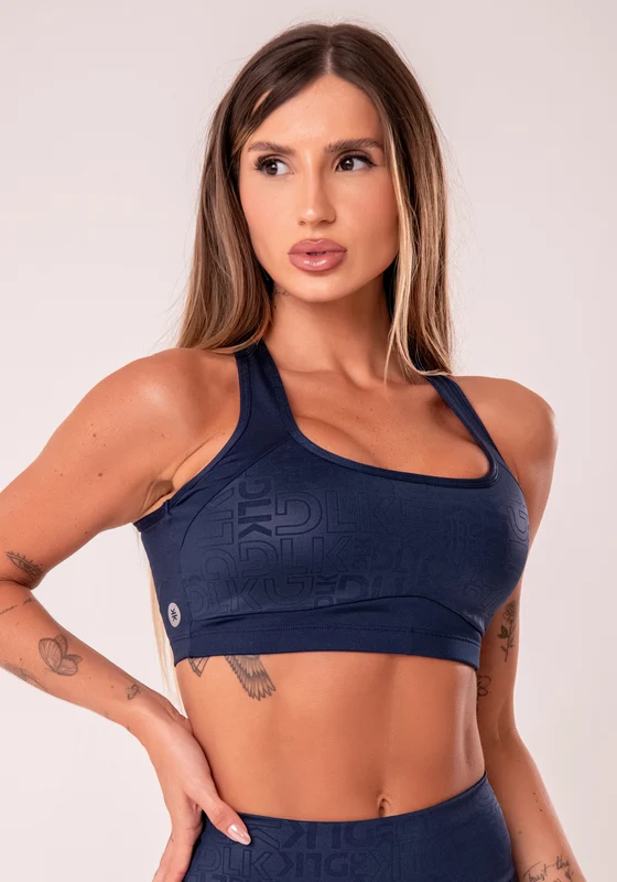 Top Fitness Feminino Azul Marinho Com Bojo E Recortes Logomania Reflections Dlk AZUL MARINHO / P
