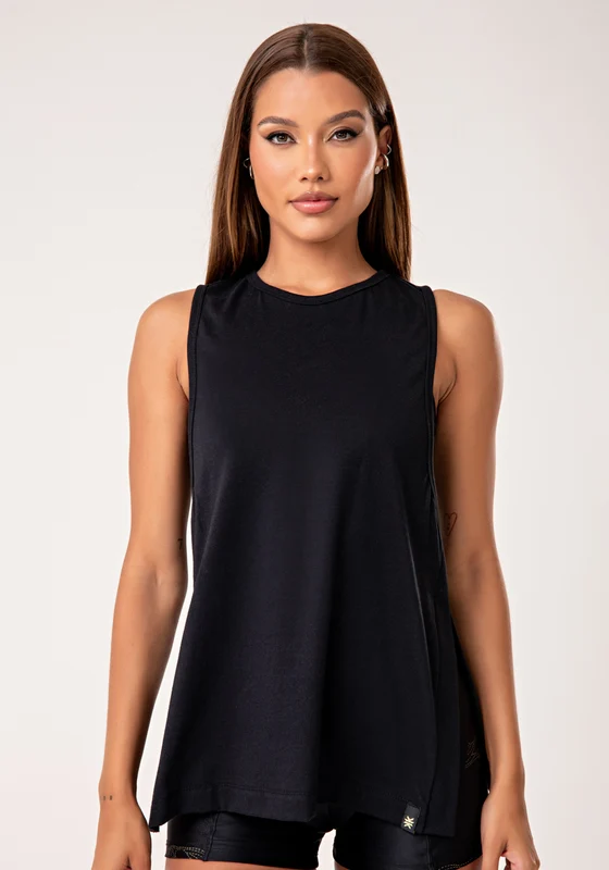 Camiseta Fitness Feminina de Algodão Preto com Fenda Lateral Lush Dlk PRETO / GG