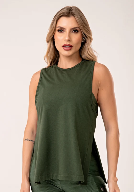 Camiseta Fitness Feminina de Algodão Verde com Fenda Lateral Lush Dlk VERDE / M