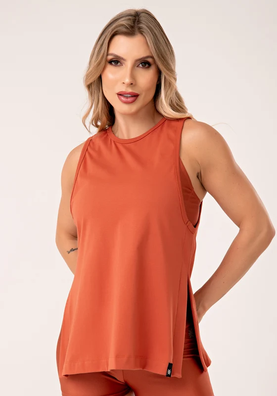 Camiseta Fitness Feminina De Algodão Terracota Com Fenda Lateral Lush Dlk LARANJA / G