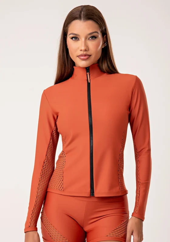 Casaco Feminino Terracota Com Zíper E Detalhe Em Tela Lush Dlk LARANJA / G