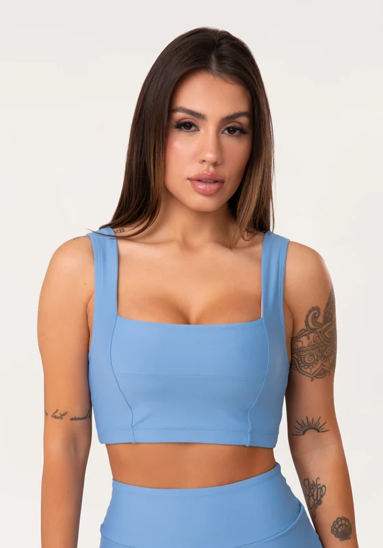 Top Fitness Feminino Azul Decote Reto Com Recortes Aura Dlk AZUL / G