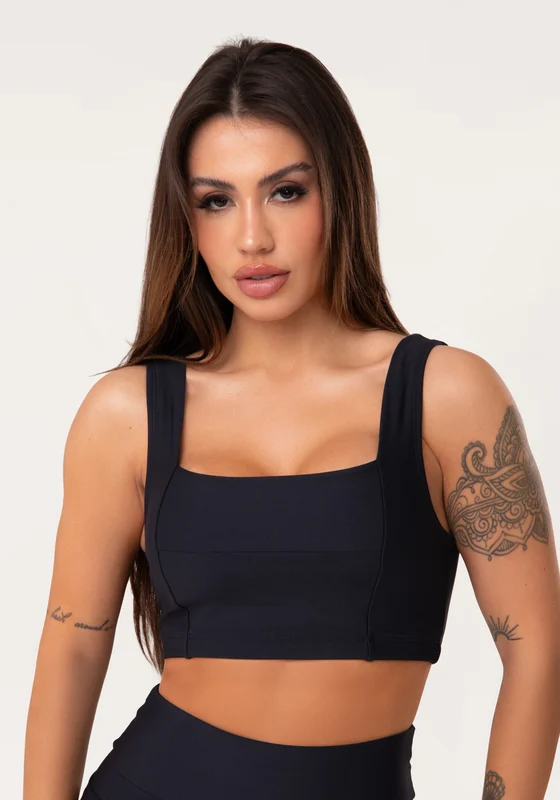 Top Fitness Feminino Preto Decote Reto Com Recortes Aura Dlk PRETO / M