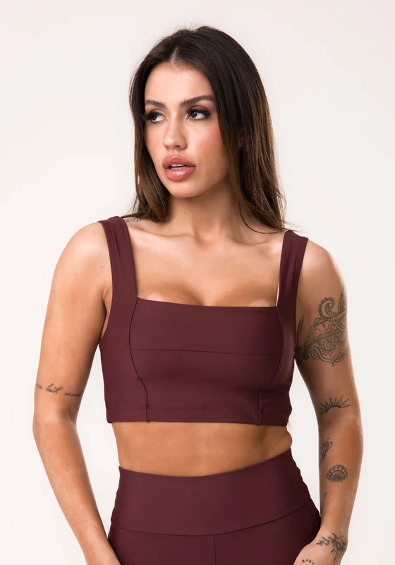 Top Fitness Feminino Vinho Decote Reto Com Recortes Aura Dlk VINHO / P