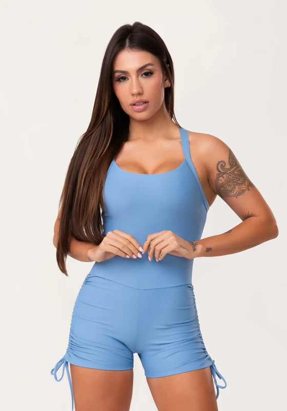 Macaquinho Fitness Feminino Azul Com Franzido Aura Dlk AZUL / M