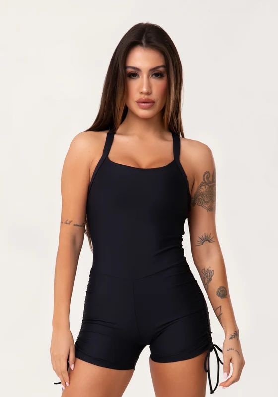 Macaquinho Fitness Feminino Preto Com Franzido Aura Dlk PRETO / G