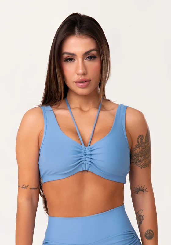 Top Fitness Feminino Azul Com Franzido E Amarração Aura Dlk AZUL / P