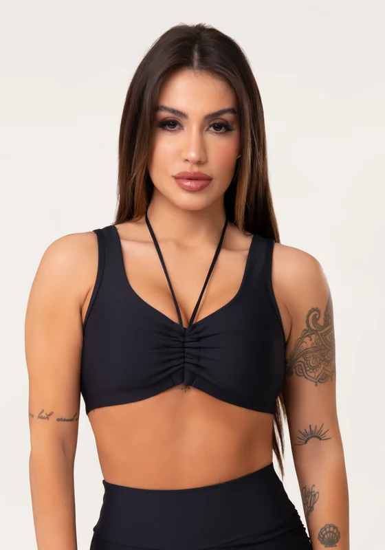 Top Fitness Feminino Preto Com Franzido E Amarração Aura Dlk PRETO / G