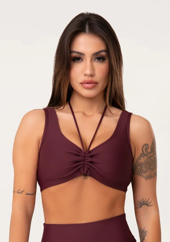 Top Fitness Feminino Vinho Com Franzido E Amarração Aura Dlk VINHO / M