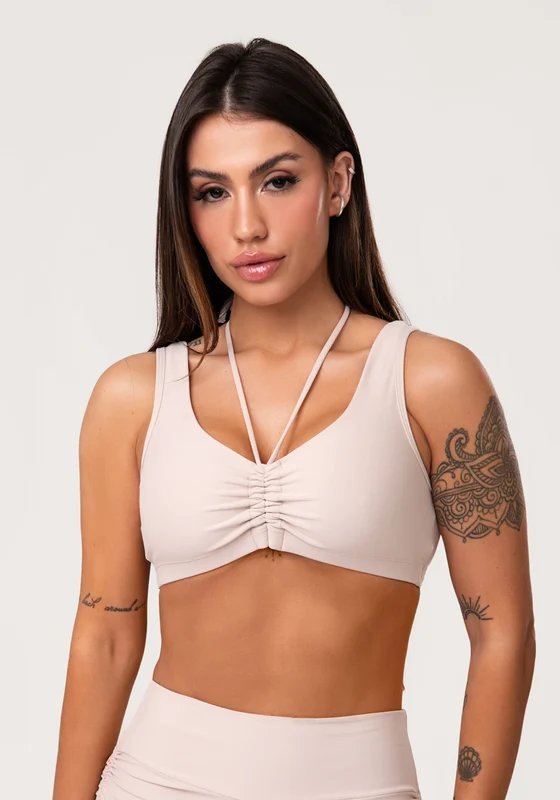 Top Fitness Feminino Nude Com Franzido E Amarração Aura Dlk NUDE / G