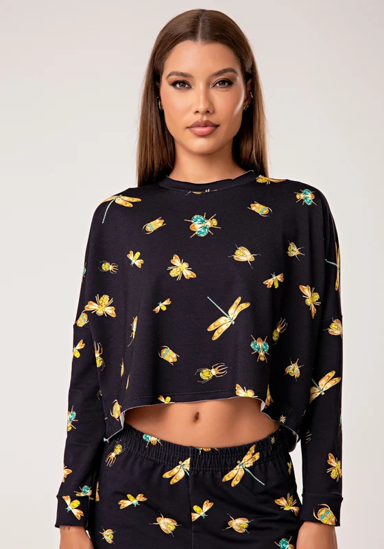 Casaco Feminino Moletinho Estampado Insetos Lush Dlk PRETO / GG