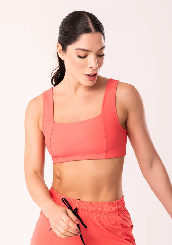 Top Fitness Feminino Coral Com Decote Reto E Recortes Dlk CORAL / GG