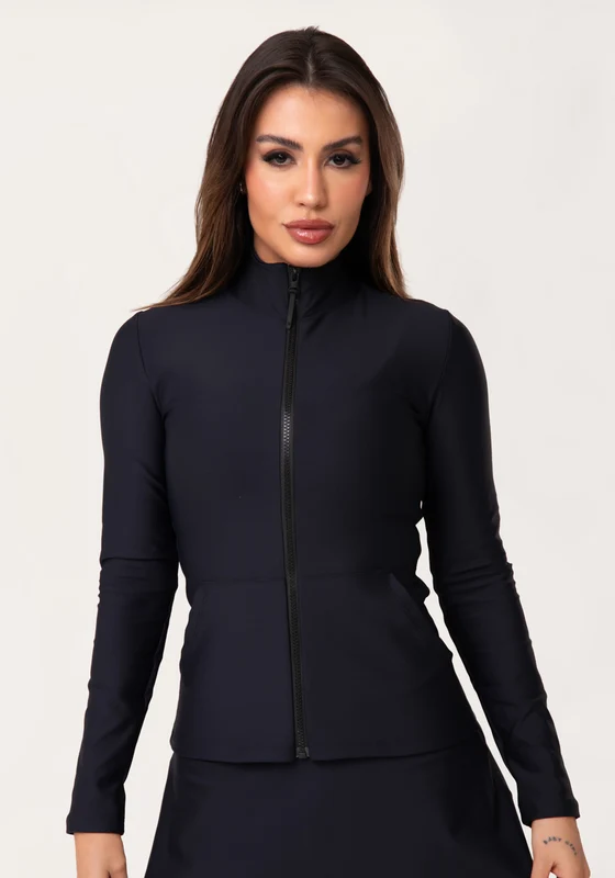 Casaco Fitness Feminino Preto Com Zíper E Bolsos Aura Dlk PRETO / GG