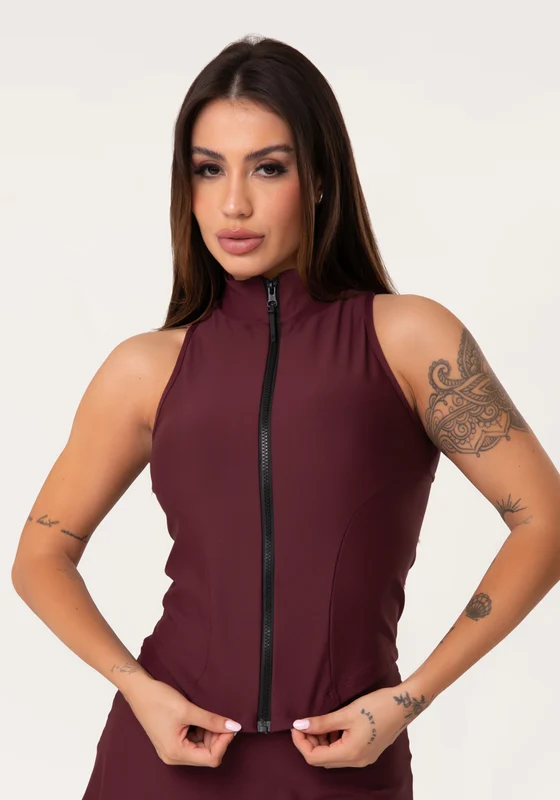 Colete Fitness Feminino Vinho Com Zíper E Recortes Aura Dlk VINHO / G