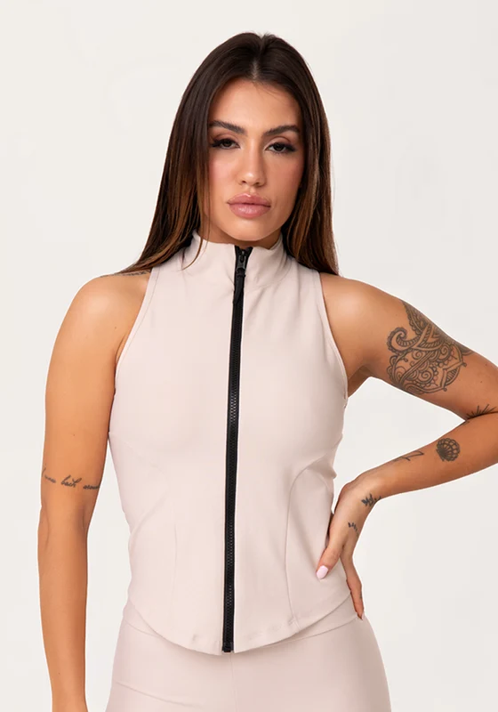 Colete Fitness Feminino Nude Com Zíper E Recortes Aura Dlk NUDE / G