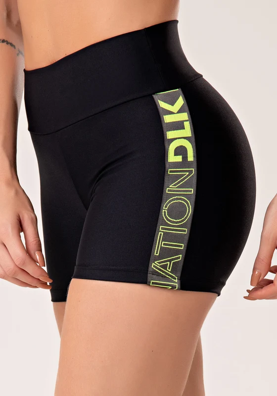 Short Fitness Feminino Preto Com Elástico Lateral Grafite E Amarelo Flúor Nation Dlk VERDE / GG