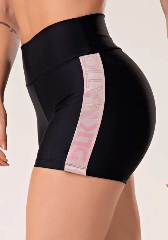 Short Fitness Feminino Preto Com Elástico Lateral Rosa Claro Nation Dlk ROSA E PRETO / M