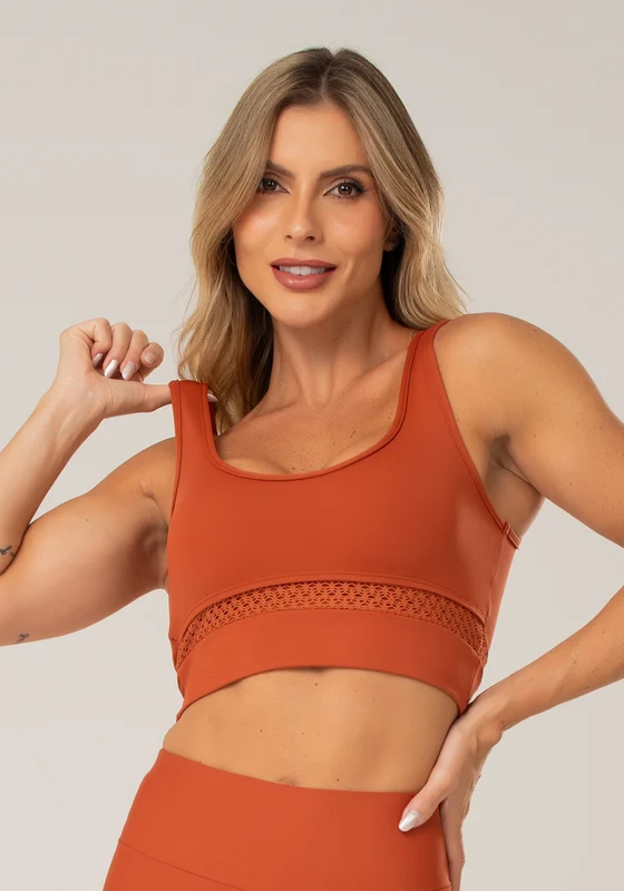 Top Fitness Feminino Terracota Com Detalhe Em Tela Lush Dlk LARANJA / P