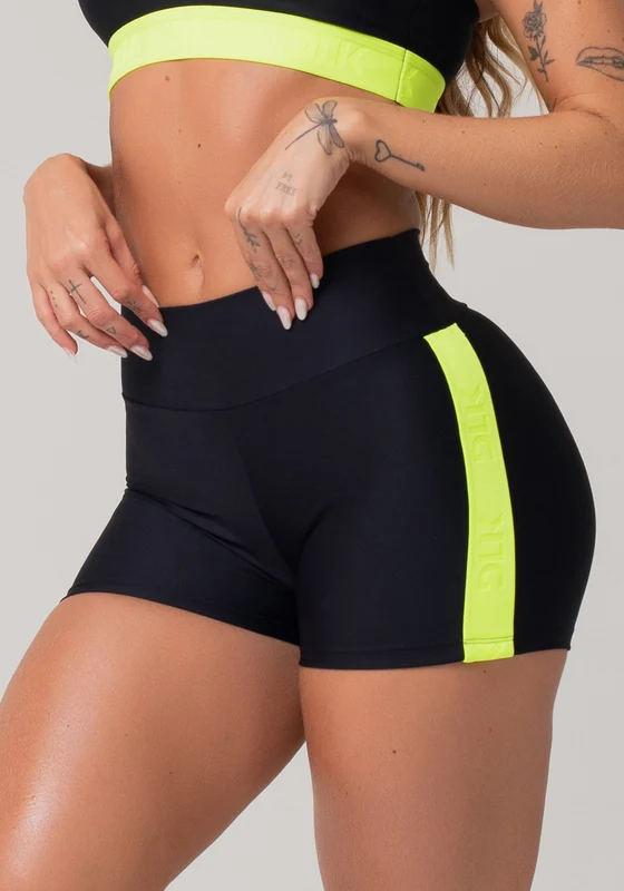 Short Fitness Feminino Preto Com Elástico Lateral Amarelo Neon Energy Dlk PRETO / M