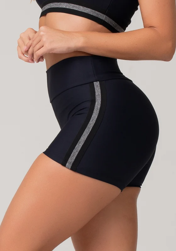 Short Fitness Feminino Preto Com Elástico Lateral Listrado Mescla Nation Dlk PRETO / GG