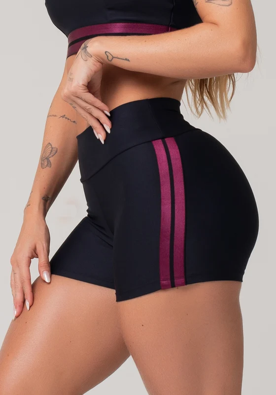 Short Fitness Feminino Preto Com Elástico Lateral Listrado Roxo Nation Dlk ROXO / P