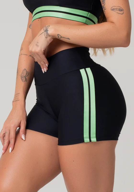 Short Fitness Feminino Preto Com Elástico Lateral Listrado Verde Nation Dlk VERDE / G