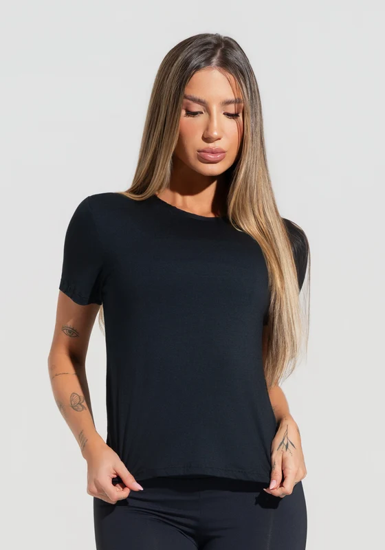 Blusa Baby Look Feminina Com Manga Curta Preto Oasis Dlk PRETO / GG