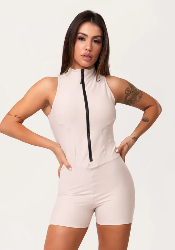 Macaquinho Fitness Feminino Nude com Zíper e Recortes Aura Dlk NUDE / GG