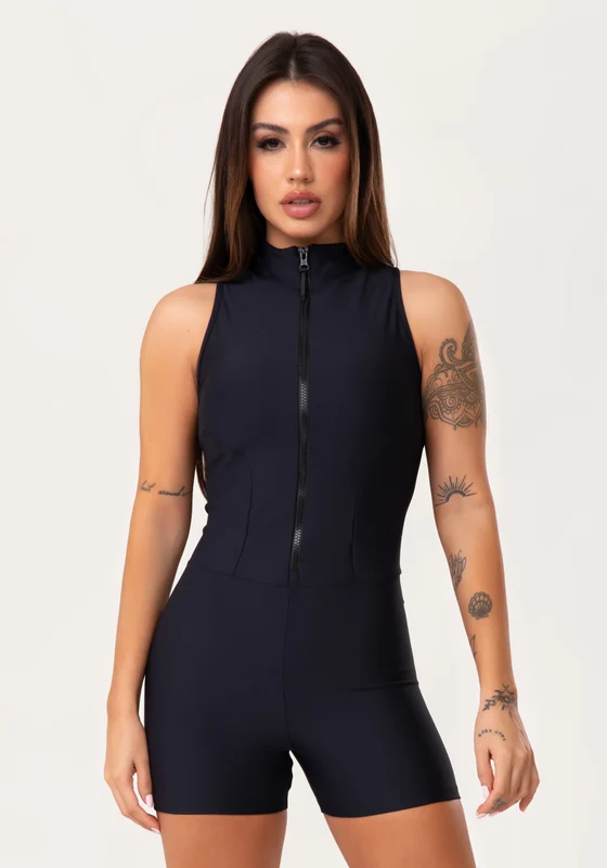 Macaquinho Fitness Feminino Preto Com Zíper E Recortes Aura Dlk PRETO / P