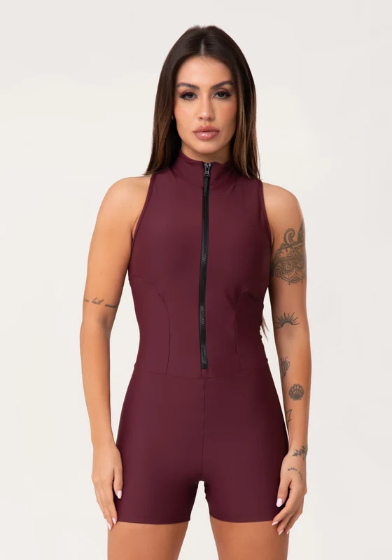 Macaquinho Fitness Feminino Vinho com Zíper e Recortes Aura Dlk VINHO / GG