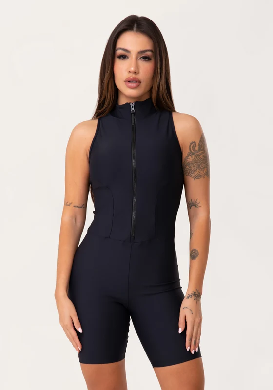 Macaquinho Bermuda Fitness Feminino Preto com Zíper e Recortes Aura Dlk PRETO / P