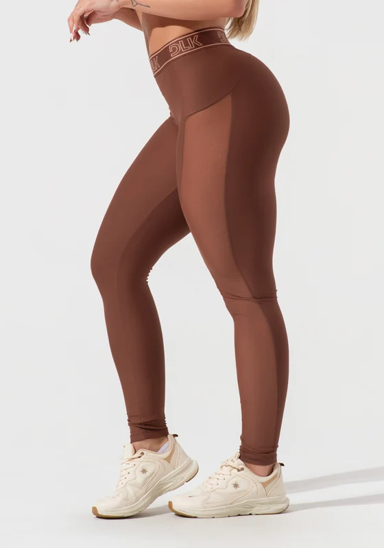 Legging Fitness Feminina Com Elástico No Cós E Tule Lateral Activity Dlk Marrom MARROM / G