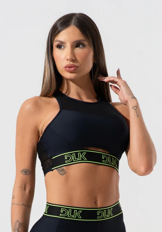 Top Fitness Feminino Com Elástico Na Base E Tule Activity Dlk Preto PRETO / P
