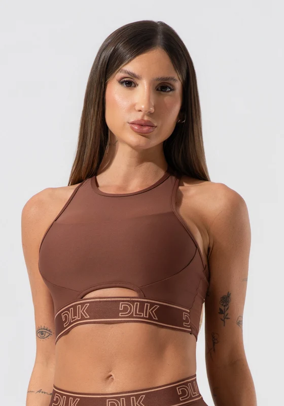 Top Fitness Feminino Com Elástico Na Base E Tule Activity Dlk Marrom MARROM / G