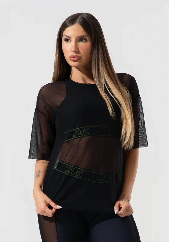Blusa T-shirt Fitness Feminina de Tule Activity Dlk Preto PRETO / GG