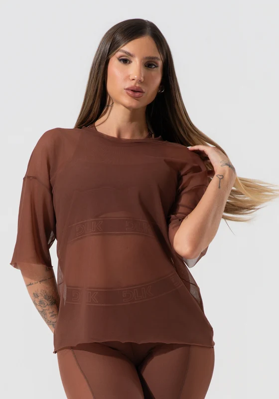 Blusa T-shirt Fitness Feminina De Tule Activity Dlk Marrom MARROM / P