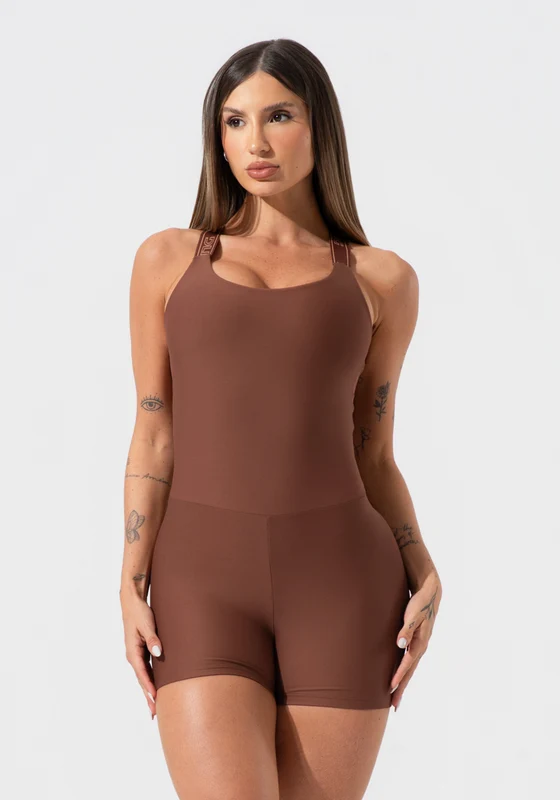 Macaquinho Feminino Fitness Com Alças De Elástico E Tule Nas Costas Activity Dlk Marrom MARROM / P