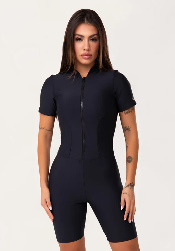 Macaquinho Bermuda Fitness Feminino Preto Com Manga E Zíper Aura Dlk PRETO / P