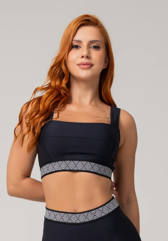 Top Fitness Feminino Preto com Decote Reto e Elástico Étnico Nation Dlk PRETO / M
