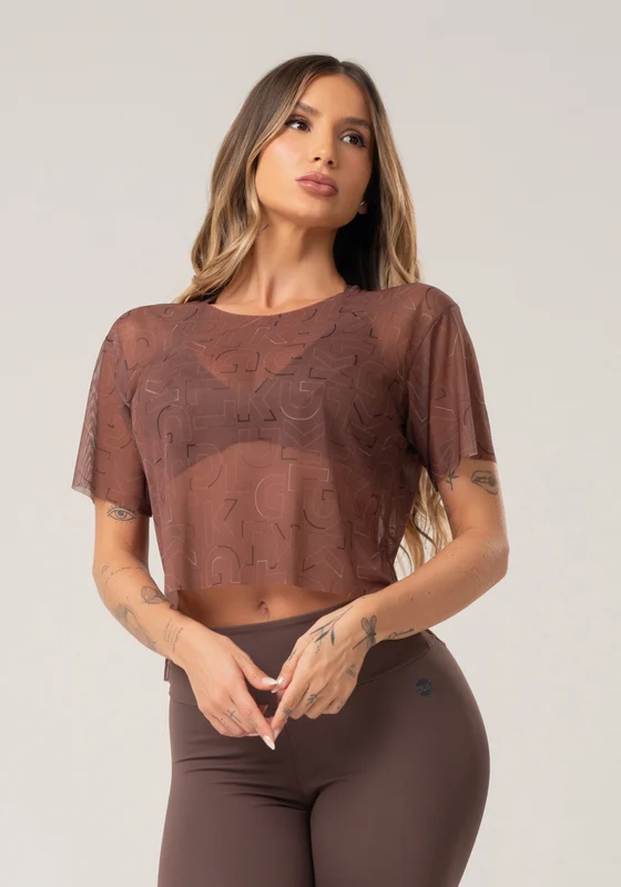 Blusa Feminina De Tule Estampada Logomania Marrom Printed Mousse Dlk MARROM / GG
