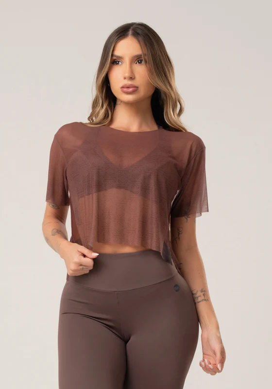 Blusa Feminina De Tule Estampada Motivation Marrom Printed Mousse Dlk MARROM / M