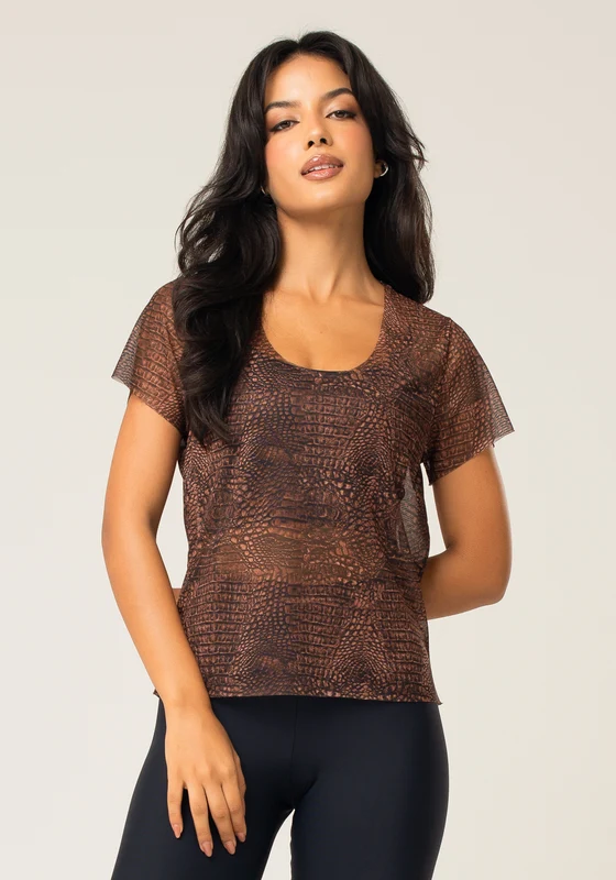 Blusa Baby Look Feminina De Tule Estampada Croco Animal Printed Dlk ANIMAL PRINT / G